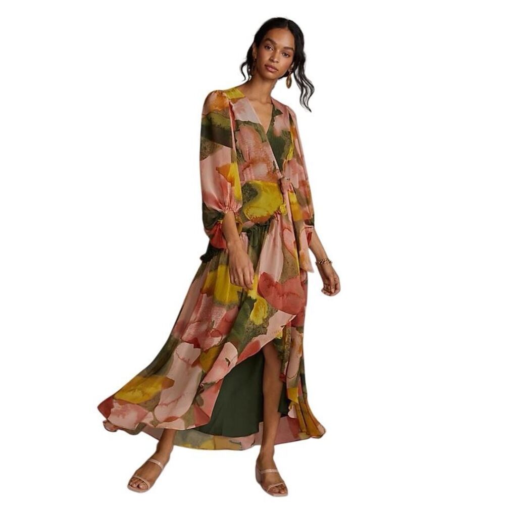 Anthropologie Hutch Floral Geo Wrap Maxi Dress size M Green Pink Yello